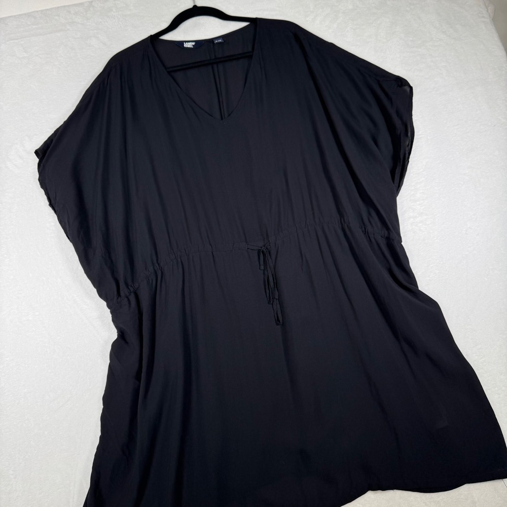 Lands End Dress Womens XL-XXL Black Modal V-Neck Drawstring Kaftan 55100BS Boho